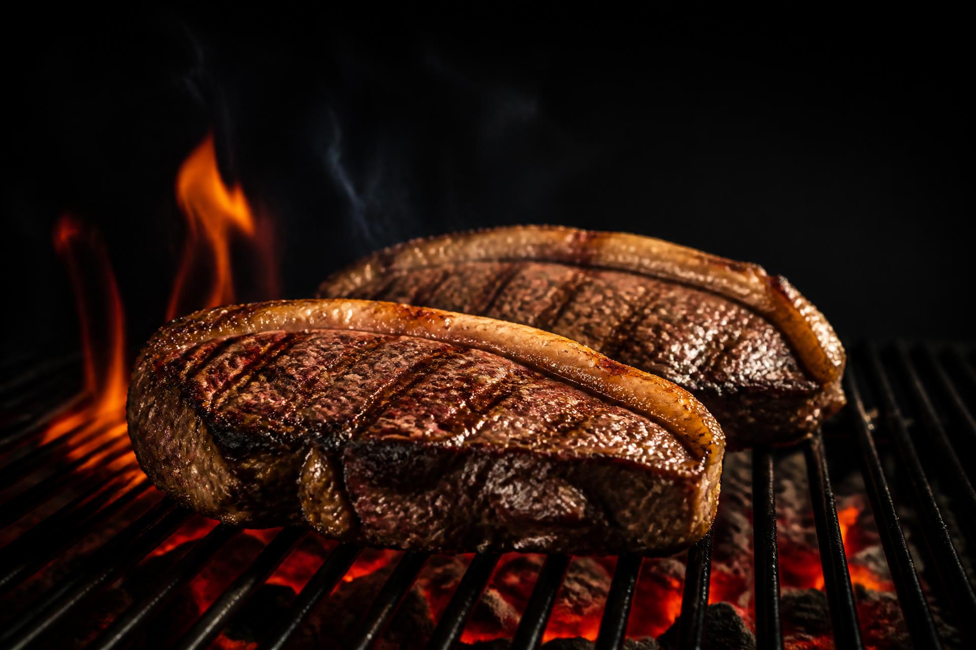 Cortes de carne premium grelhando na brasa com fogo e fumaça