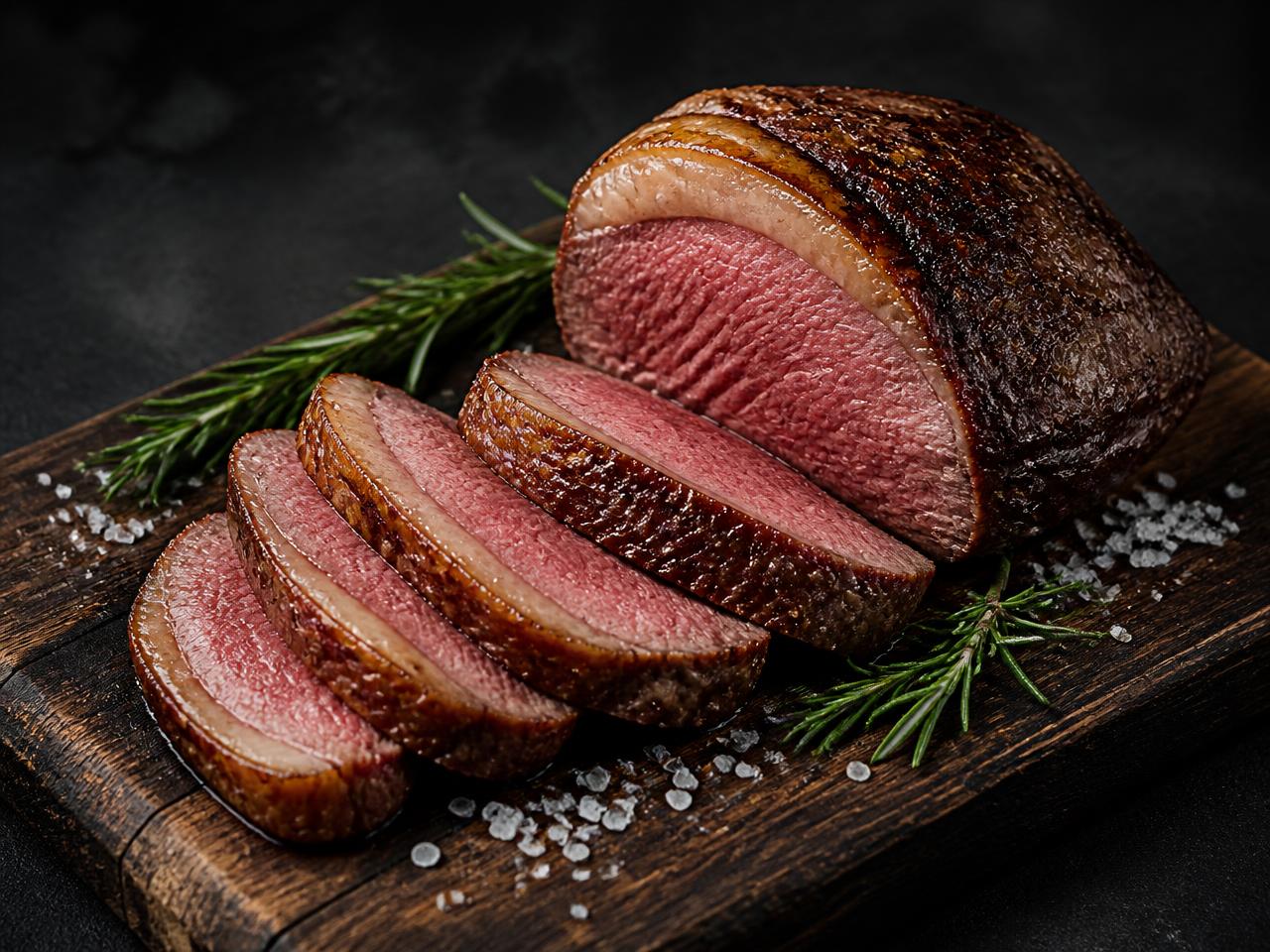Carne nobre fatiada sobre tábua de madeira escura